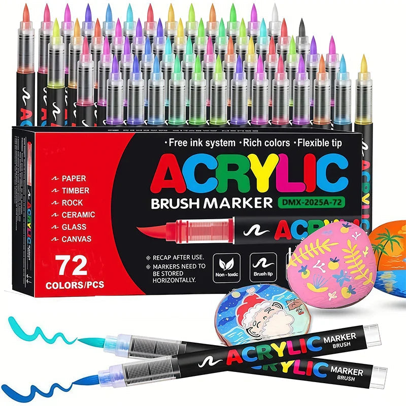 Assorted acrylic brush markers with a 72-color box and decorated stones