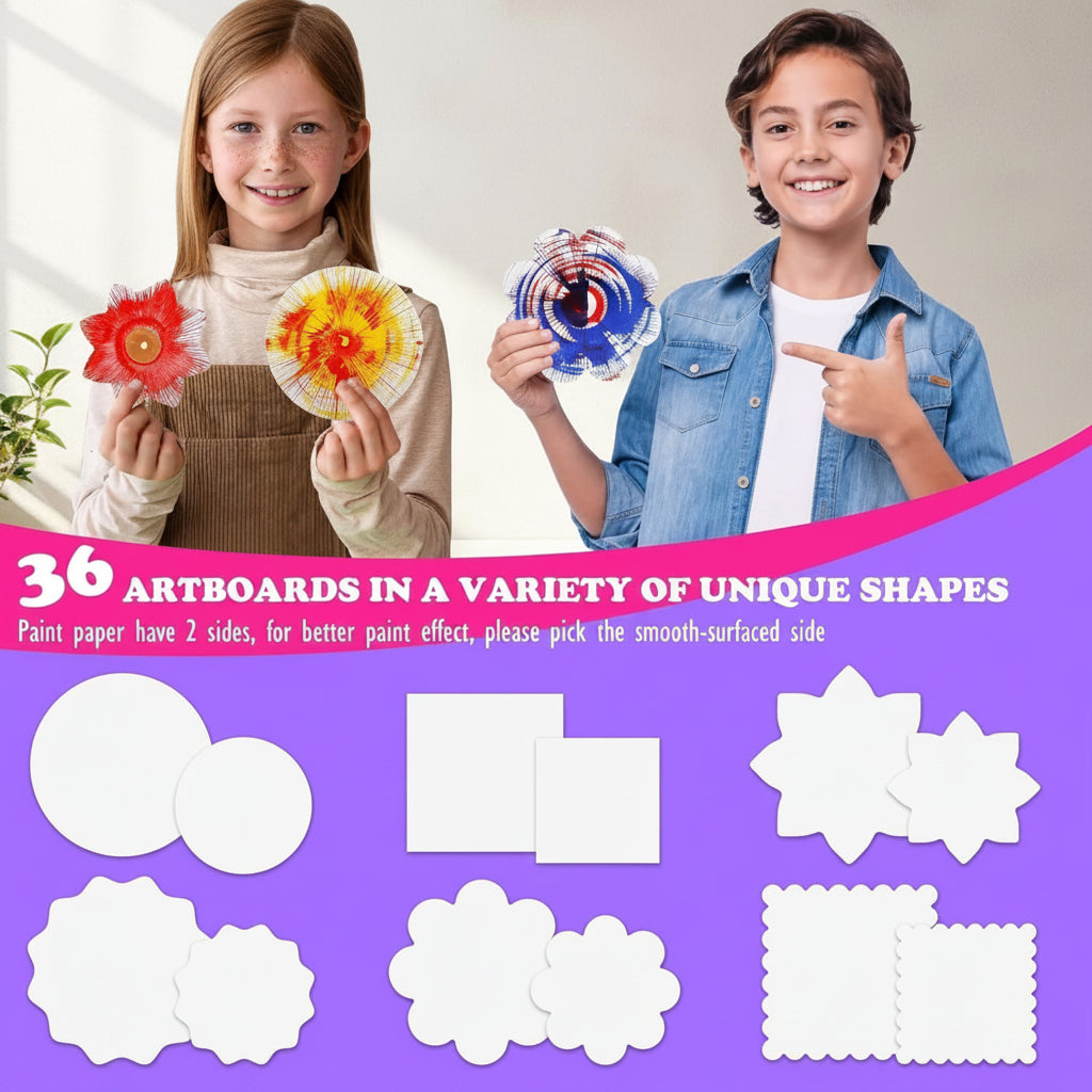Children holding finished spin paintings above examples of the included artboard shapes