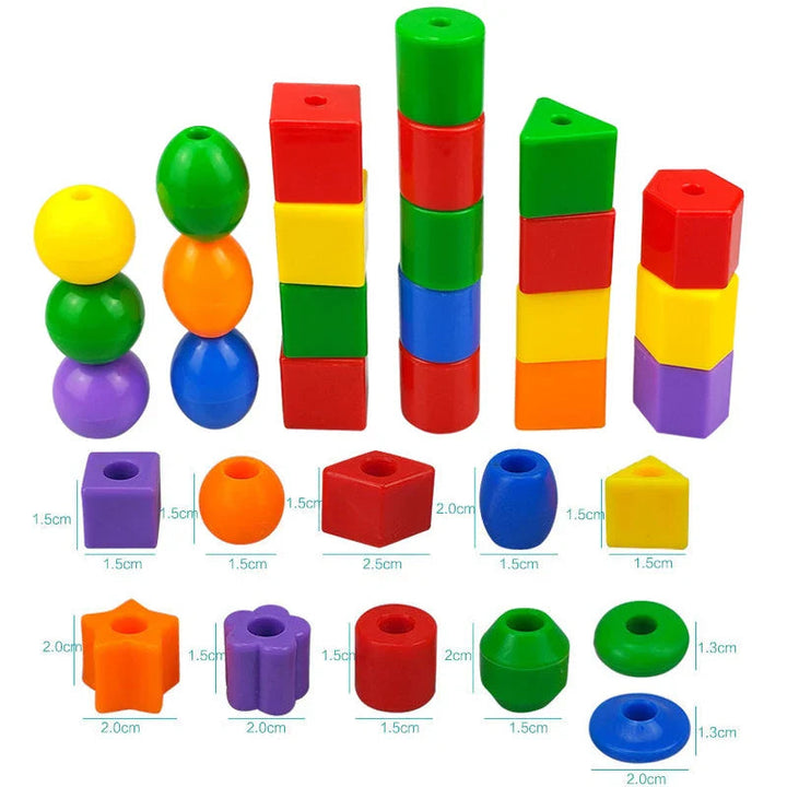 Assorted bead shapes stacked by shape with individual measurements below