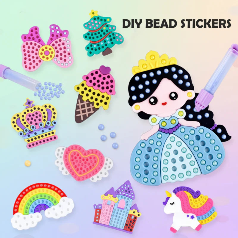 Assorted bead art templates with a princess design, applicator pens, and loose beads