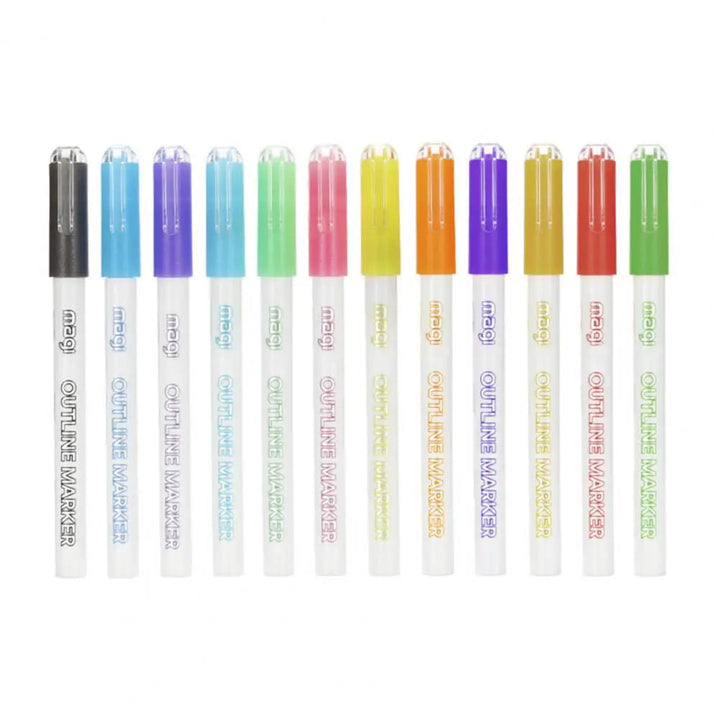 Capped outline markers arranged in a row in assorted colors