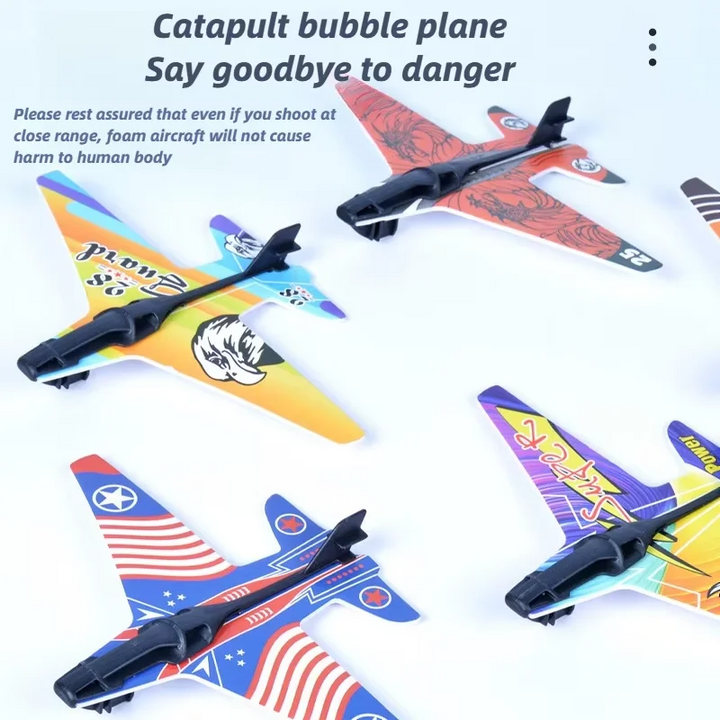 Colorful foam airplanes with striped, star, and flame designs