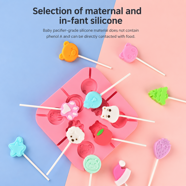 Colorful fruit, paw, animal, and holiday lollipops arranged around a pink silicone mold