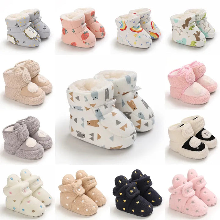 Assorted baby slipper designs with animal prints, soft lining, and decorative details