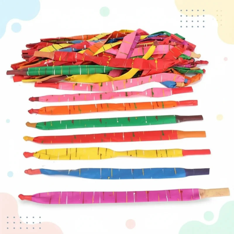 Assorted striped rocket balloons displayed in a pile and rows of individual colors