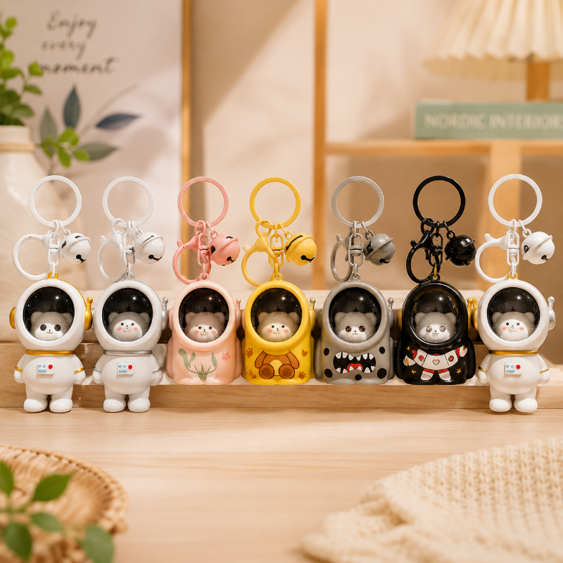 Seven astronaut charms in assorted colors with matching key rings and bells