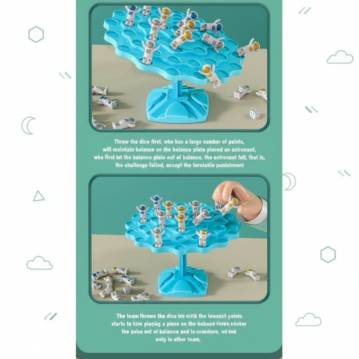 Blue astronaut balance game shown in two play examples with figures on and around the board