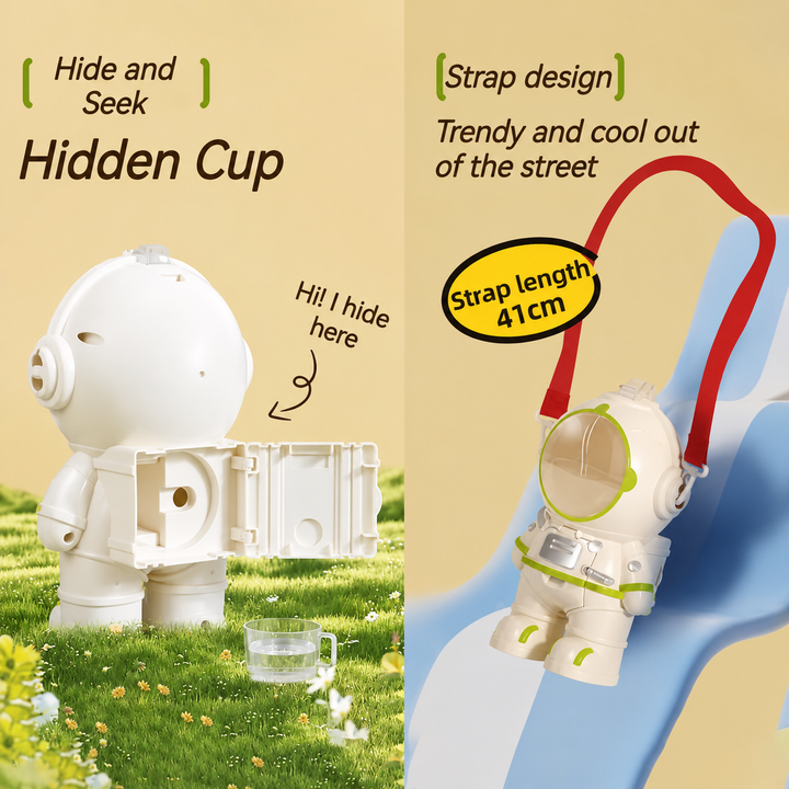 White astronaut bottle showing its cup storage compartment and red shoulder strap.