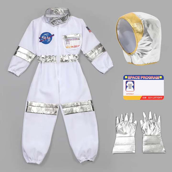 White astronaut jumpsuit with silver-colored hood, gloves, and a pretend ID card.
