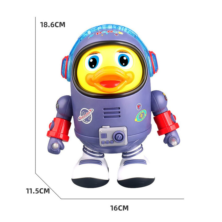 Dancing duck toy size diagram showing 18.6 cm height, 16 cm width, and 11.5 cm depth