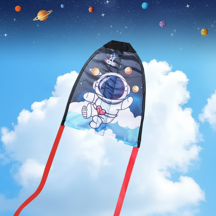 Astronaut handheld kite with planets, clouds, and two red ribbon tails