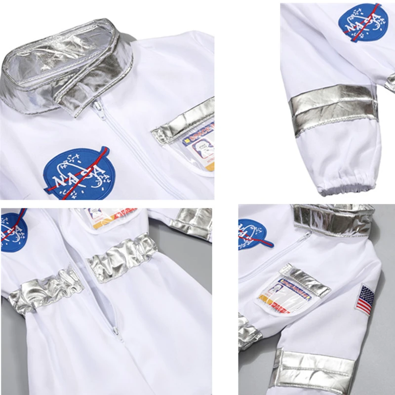 White astronaut jumpsuit details showing the silver-colored collar, waistband, and sleeve bands.