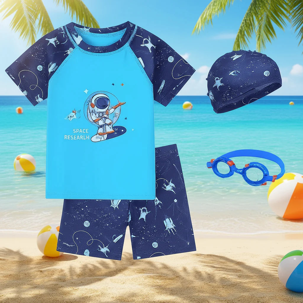 Astronaut swim shirt, space-print shorts, matching cap, and blue goggles