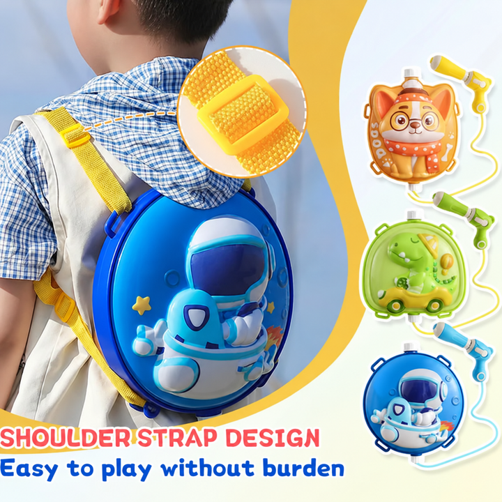 Child wearing a blue astronaut water tank backpack with adjustable yellow shoulder straps