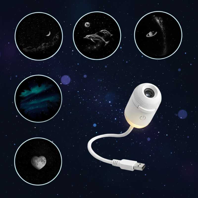 White galaxy lamp with five disc previews, including aurora and heart designs