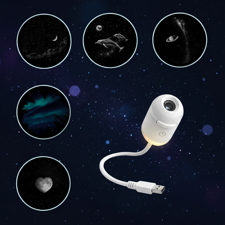 White galaxy lamp with five disc previews, including aurora and heart designs