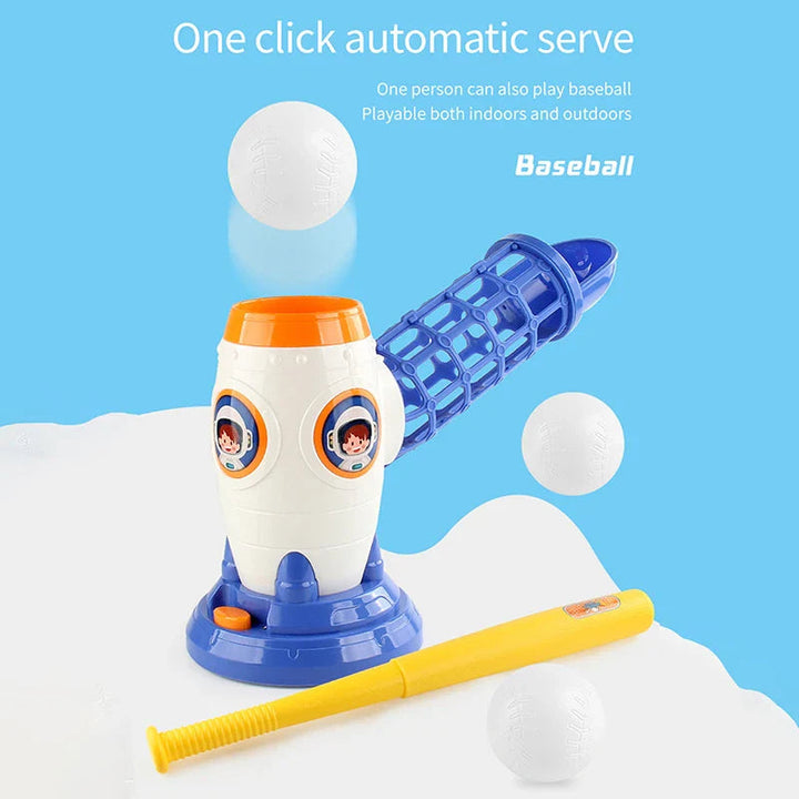 Automatic baseball pitching machine with a yellow bat and white balls on a blue-and-white background