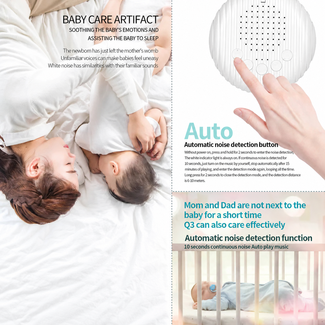 Automatic noise-detection control shown alongside a parent resting with a baby