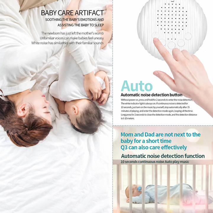 Automatic noise-detection control shown alongside a parent resting with a baby