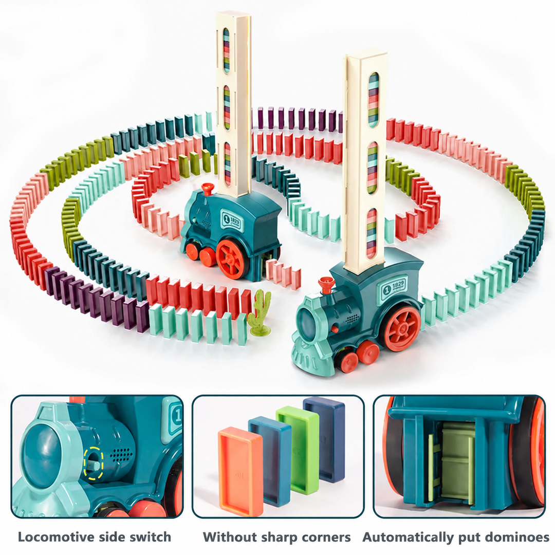 Two teal toy trains among colorful domino paths, with close-ups of the side switch and dispenser