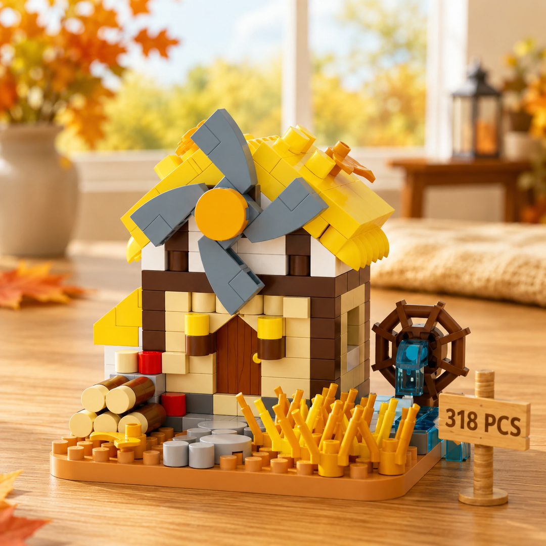 Autumn windmill block model with yellow foliage, gray blades and a water wheel.
