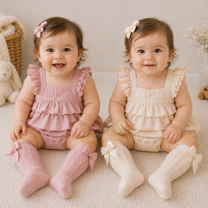 Two babies seated in pink and apricot ruffle dress rompers