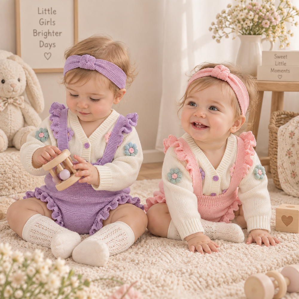 Two babies wearing pink and purple knit overalls, floral cardigans and matching headbands