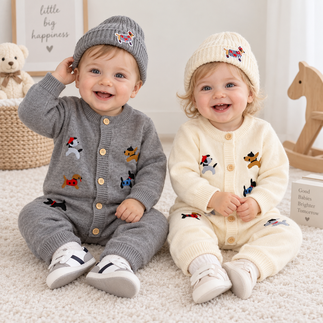 Two babies wearing gray and beige dog-pattern knit jumpsuits with knitted hats