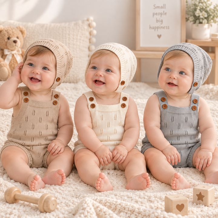 Three seated babies wearing beige, apricot, and gray knitted overalls with matching hats.
