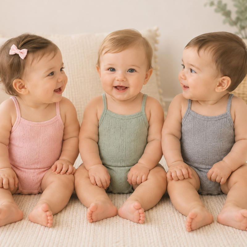 Three babies wearing pink, green, and gray ribbed cotton bodysuits on a couch