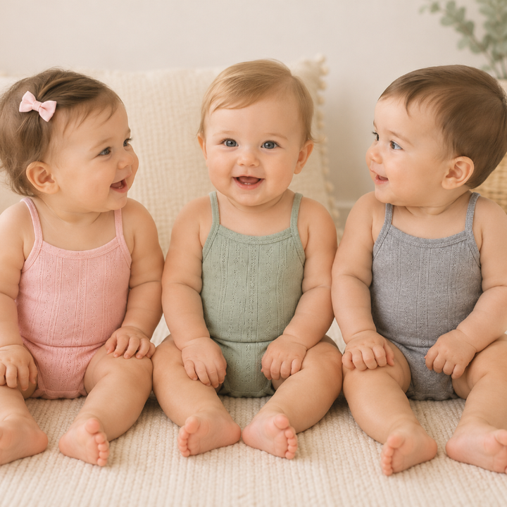 Three babies wearing pink, green, and gray ribbed cotton bodysuits on a couch