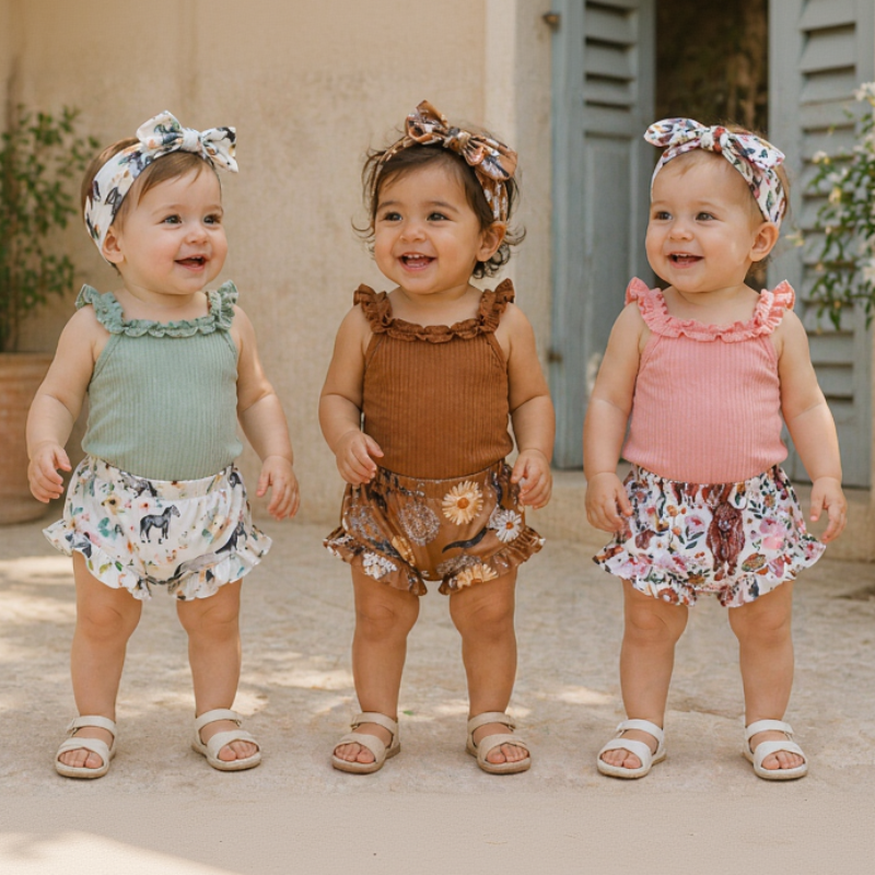 Three babies wearing green, brown and pink ruffle rompers with printed shorts and matching headbands