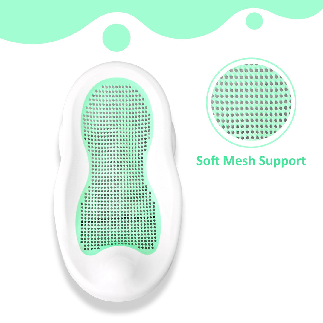 Top view of the green baby bath seat with a close-up of its soft mesh support