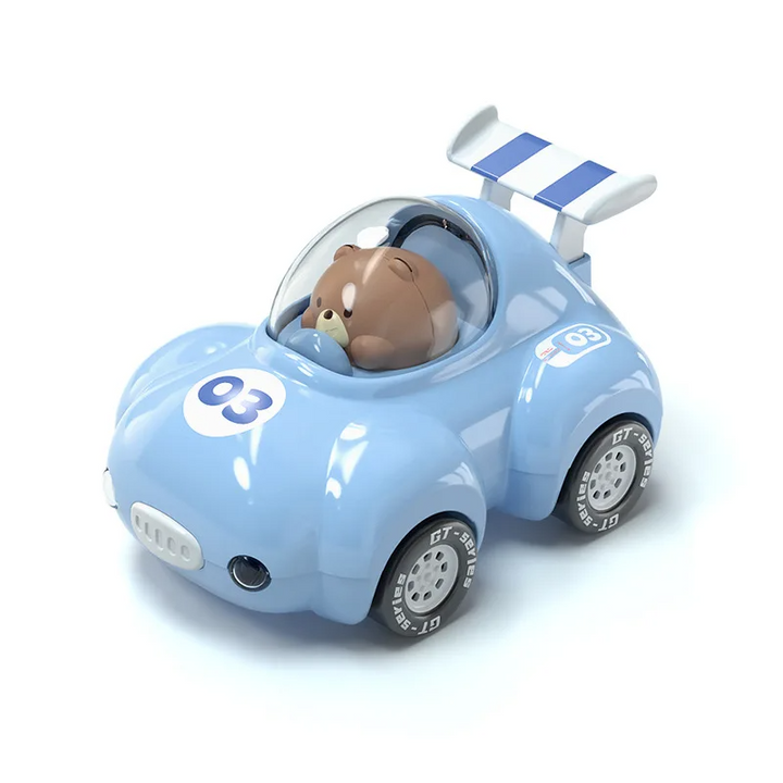 Baby blue toy race car with bear driver, clear canopy and blue-striped rear spoiler