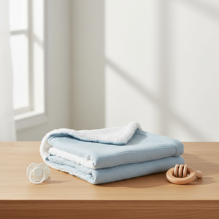 Folded baby blue blanket with a turned-back corner revealing white sherpa backing