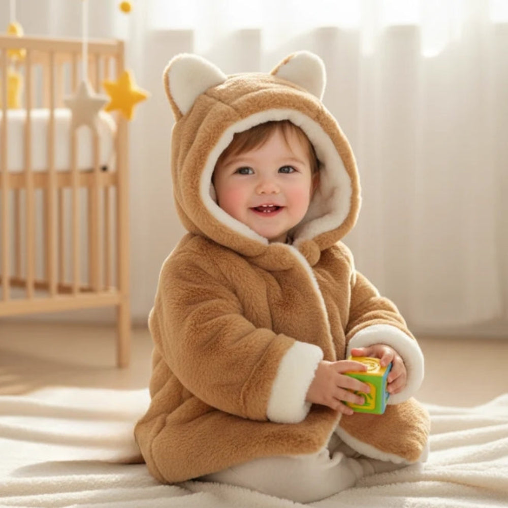 Baby wearing a brown plush hooded jacket with cream trim while sitting indoors