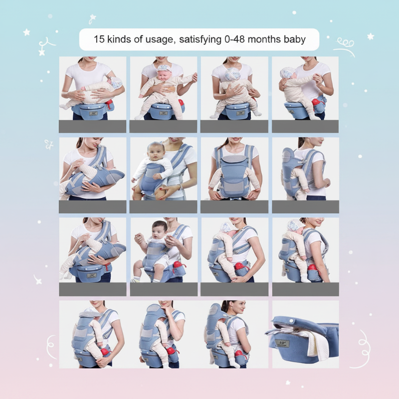 Baby carrier shown in multiple carrying positions, including front, hip, and back carry