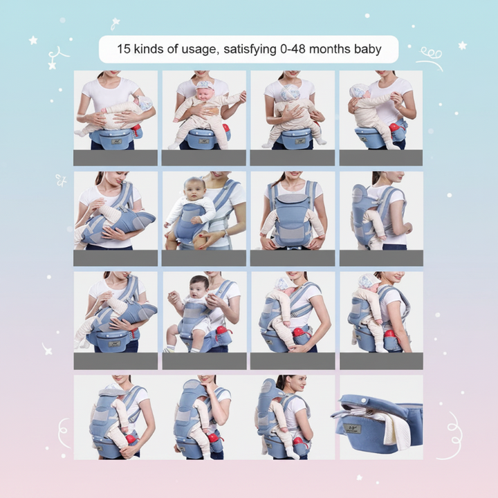 Baby carrier shown in multiple carrying positions, including front, hip, and back carry