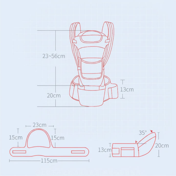 Baby carrier measurement diagram showing the upper section, waist belt, and angled hip seat