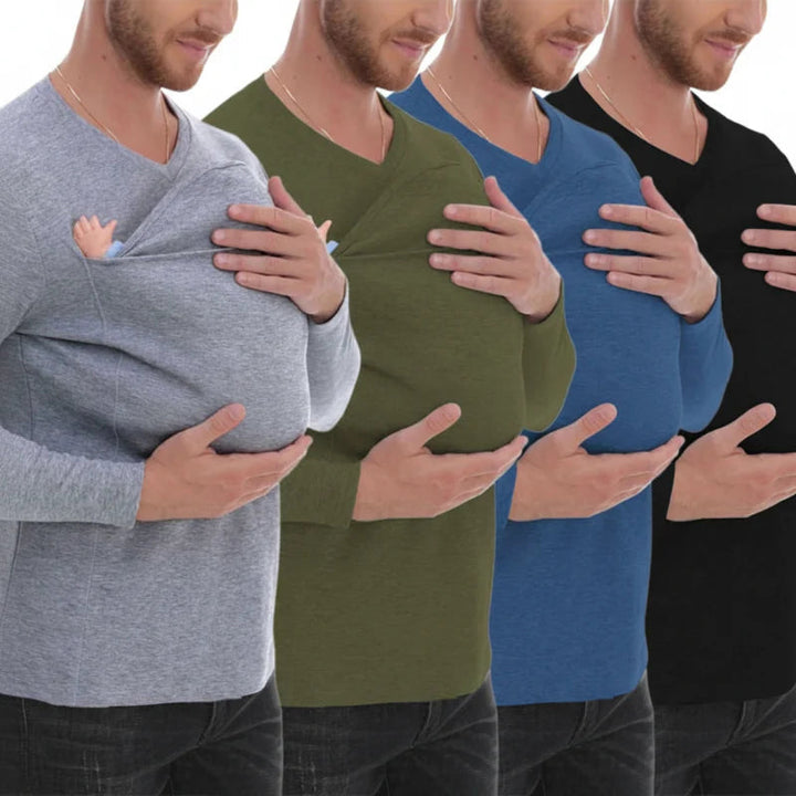 Gray, green, blue, and black baby carrier shirts shown with babies in the front pouches.