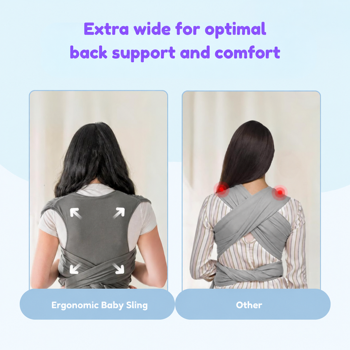 Back view of a gray baby carrier highlighting the wide panel and fabric spread across the shoulders