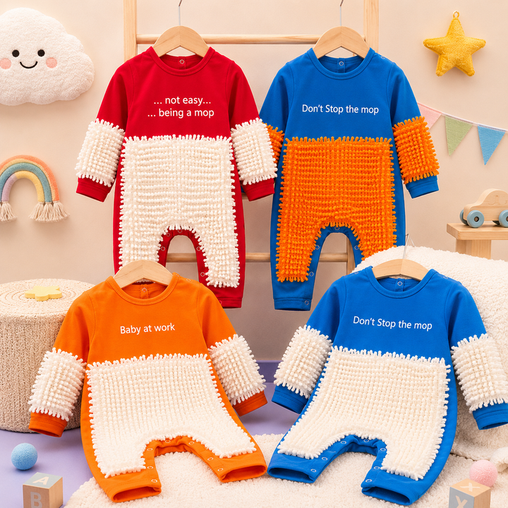 Four baby crawling jumpsuits in red, orange, and blue with contrasting cleaning-fiber panels