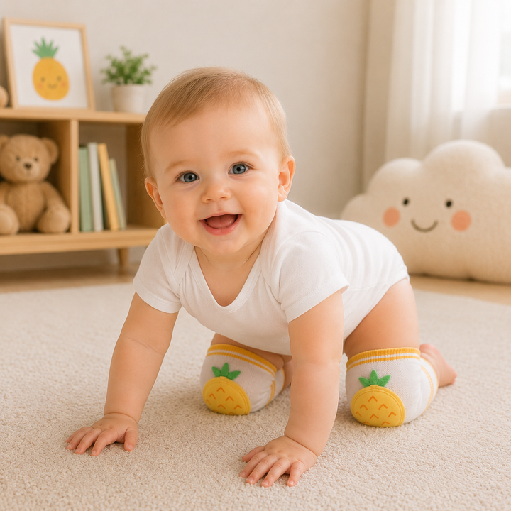 Baby crawling on a rug while wearing yellow pineapple knee pads.