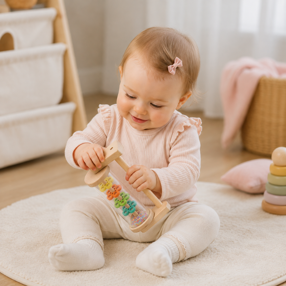 Baby exploring the wooden rain sound toy while seated on a rug.