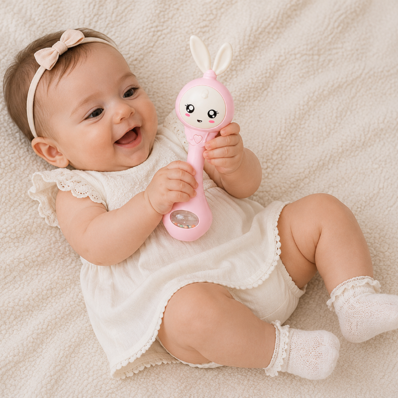 Baby holding a pink bunny rattle while lying on a textured blanket