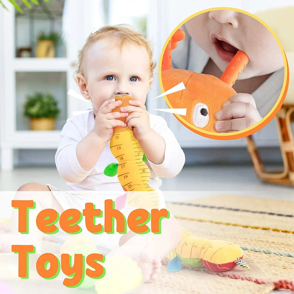 Baby holding a colorful plush caterpillar, with an inset showing a close-up of the fabric