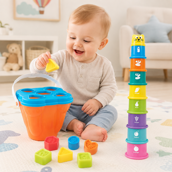 Baby holding a yellow shape block beside the sorting container and a tower of stacking cups