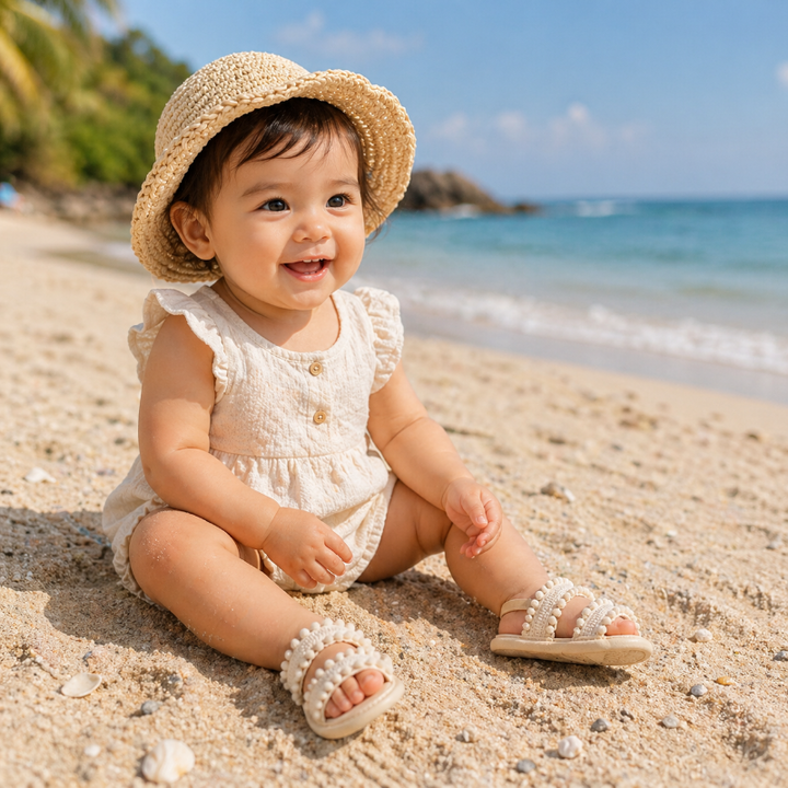 Baby in a straw hat and cream pom-pom sandals seated beside the ocean.