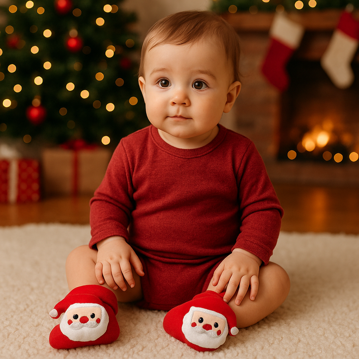 Baby in a red outfit wearing red socks with plush Santa faces