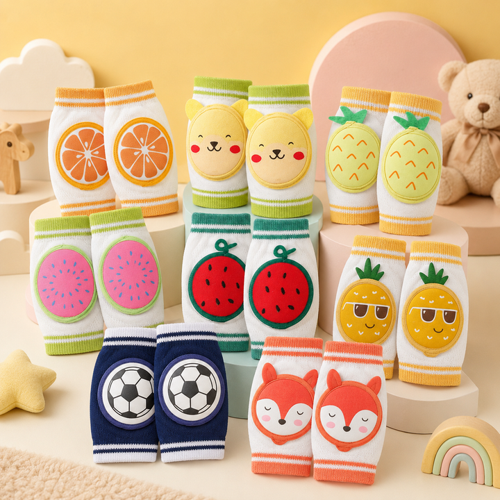 Baby knee pad design assortment with fruit, cat, fox, and soccer motifs.